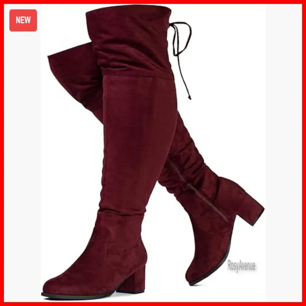 Wide Calf Over The Knee Boots, Block Heel, Stretchy Vegan Material, Plus Size